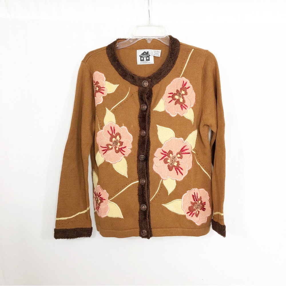 Storybook Knits Vintage Cardigan Floral Sweater, Size Small, Brown